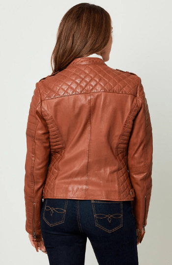 NOORA Ladies Brick tan Colour Jacket ,Cross Quilted Leather Jacket With Pocket & Multi Zip Biker Jacket ,Leather Jacket,Short Collar Jacket - Noora International