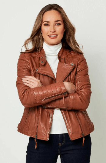 NOORA Ladies Brick tan Colour Jacket ,Cross Quilted Leather Jacket With Pocket & Multi Zip Biker Jacket ,Leather Jacket,Short Collar Jacket - Noora International