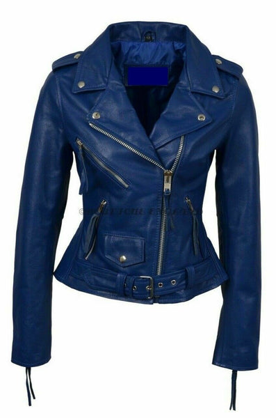 NOORA Ladies Leather Jacket Blue Classic Biker Style REAL LEATHER NI-085 - Noora International