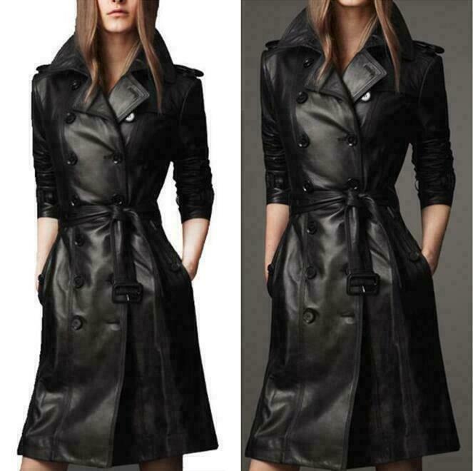 Ladies Leather Trench Coat Belt Windproof Knee Length Overcoat Jacket