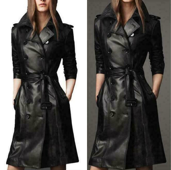NOORA Ladies Leather Trench Coat Belt Windproof Knee Length Overcoat Jacket KN8 - Noora International