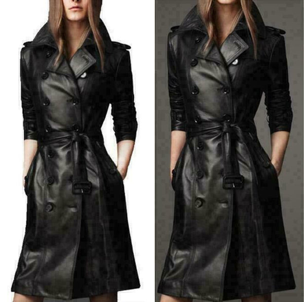 NOORA Ladies Leather Trench Coat Belt Windproof Knee Length Overcoat Jacket KN8 - Noora International
