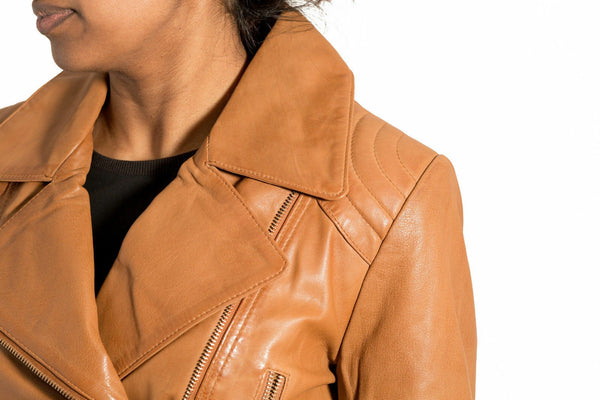 Noora Ladies Light Brown Leather Jacket Belted Military Retro BS-95 - Noora International