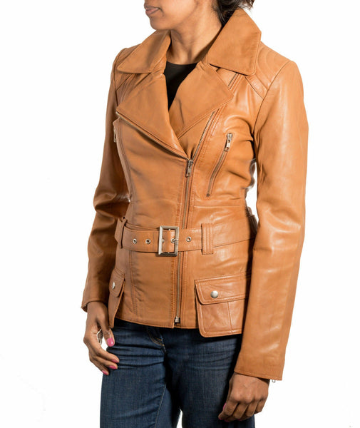 Noora Ladies Light Brown Leather Jacket Belted Military Retro BS-95 - Noora International
