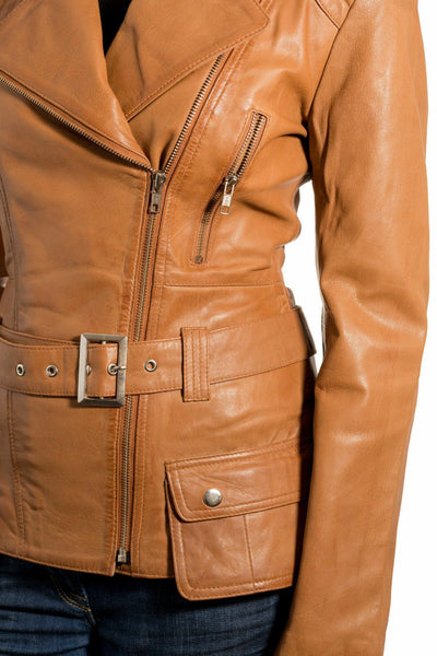 Noora Ladies Light Brown Leather Jacket Belted Military Retro BS-95 - Noora International