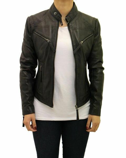 NOORA Ladies Real Leather Fitted Smart Short Zipped Black Biker Jacket PA3 - Noora International