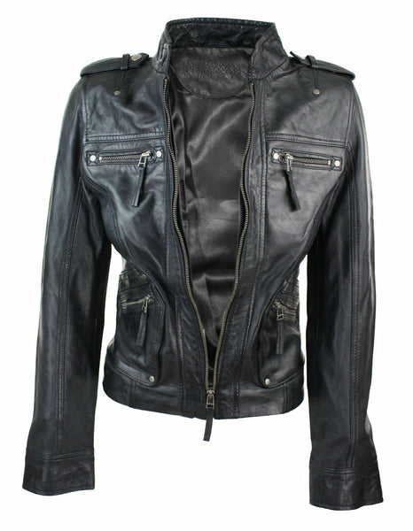 NOORA Ladies Women Genuine Real Leather Slim Fit Balck Biker Jacket BS-120 - Noora International