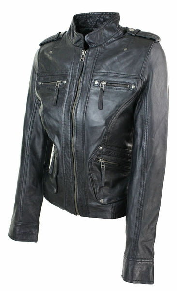 NOORA Ladies Women Genuine Real Leather Slim Fit Balck Biker Jacket BS-120 - Noora International