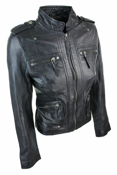 NOORA Ladies Women Genuine Real Leather Slim Fit Balck Biker Jacket BS-120 - Noora International