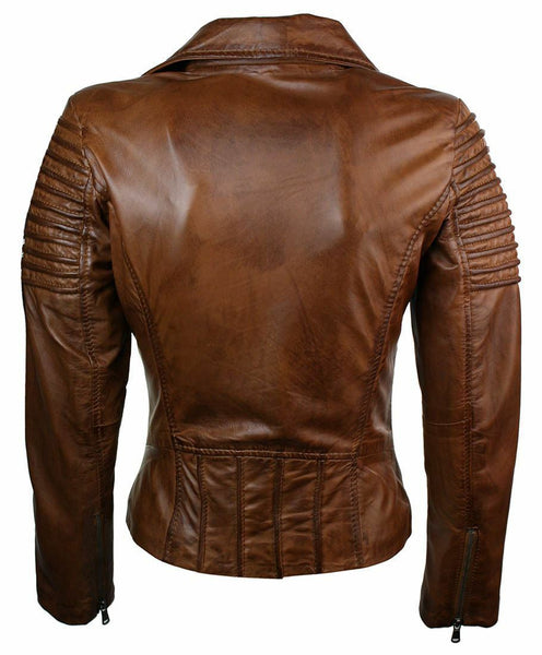 NOORA Ladies Women Genuine Real Leather Slim Fit Brown Biker Jacket - Noora International
