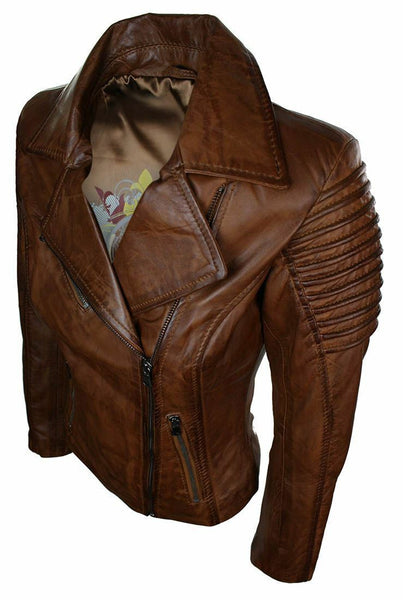 NOORA Ladies Women Genuine Real Leather Slim Fit Brown Biker Jacket - Noora International