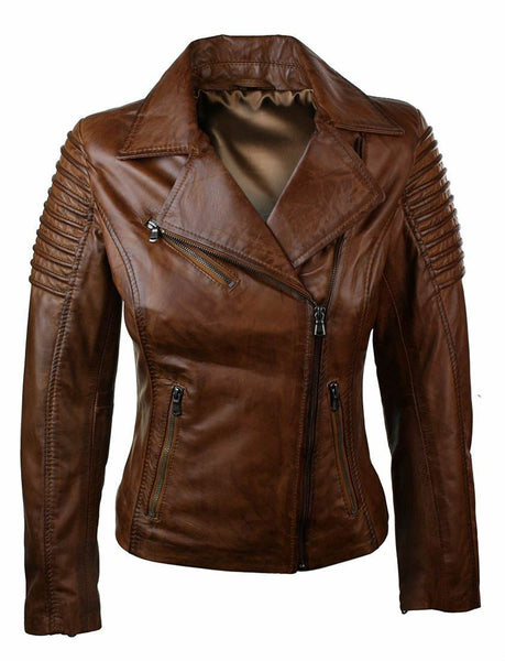 NOORA Ladies Women Genuine Real Leather Slim Fit Brown Biker Jacket - Noora International