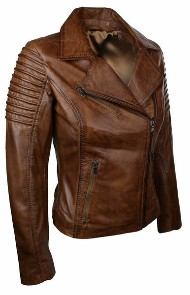NOORA Ladies Women Genuine Real Leather Slim Fit Brown Biker Jacket - Noora International