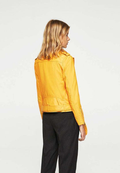 Noora Ladies Women Genuine Real Leather Slim Fit Yellow Biker Modern Jacket QD74 - Noora International