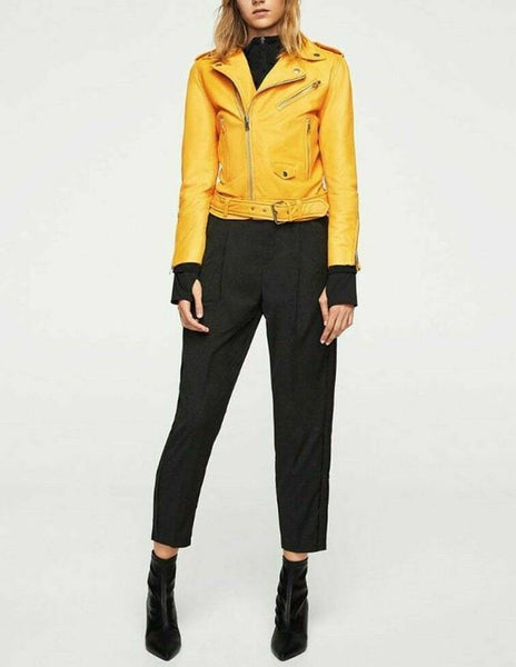 Noora Ladies Women Genuine Real Leather Slim Fit Yellow Biker Modern Jacket QD74 - Noora International
