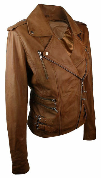 NOORA Ladies Women Leather Slim Fit Buckle Retro Tan Biker Leather Jacket BS-118 - Noora International