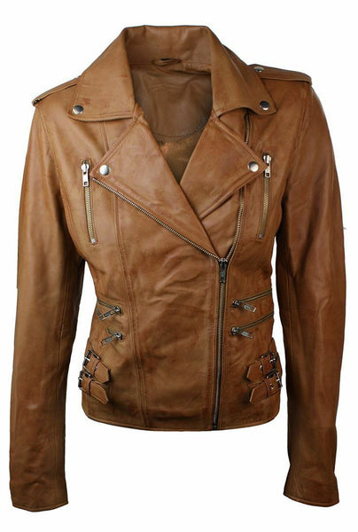 NOORA Ladies Women Leather Slim Fit Buckle Retro Tan Biker Leather Jacket BS-118 - Noora International