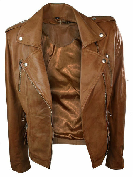 NOORA Ladies Women Leather Slim Fit Buckle Retro Tan Biker Leather Jacket BS-118 - Noora International
