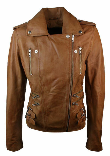 NOORA Ladies Women Leather Slim Fit Buckle Retro Tan Biker Leather Jacket BS-118 - Noora International