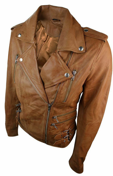 NOORA Ladies Women Leather Slim Fit Buckle Retro Tan Biker Leather Jacket BS-118 - Noora International