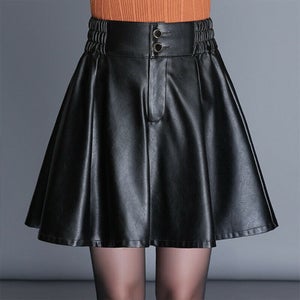 NOORA Lady Leather Pleated Skirt Mini Dress Lined Elastic Waist Black A-Line Cute high waisted skirt vintage skirt SJ147 - Noora International