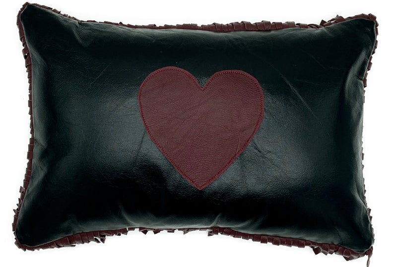 Lambskin Black Leather Cushion Cover, Housewarming Heart Lumbar Rectangle Pillow Cover, Couch