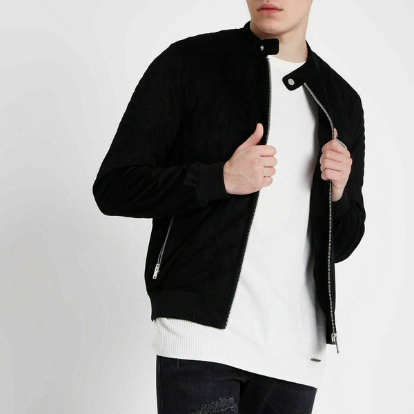 NOORA Lambskin Black Suede Jacket , Matt Black Suede Bomber Jacket With Zipper & Pocket | ST0123 - Noora International