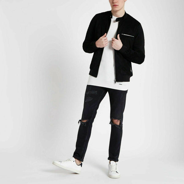 NOORA Lambskin Black Suede Jacket , Matt Black Suede Bomber Jacket With Zipper & Pocket | ST0123 - Noora International