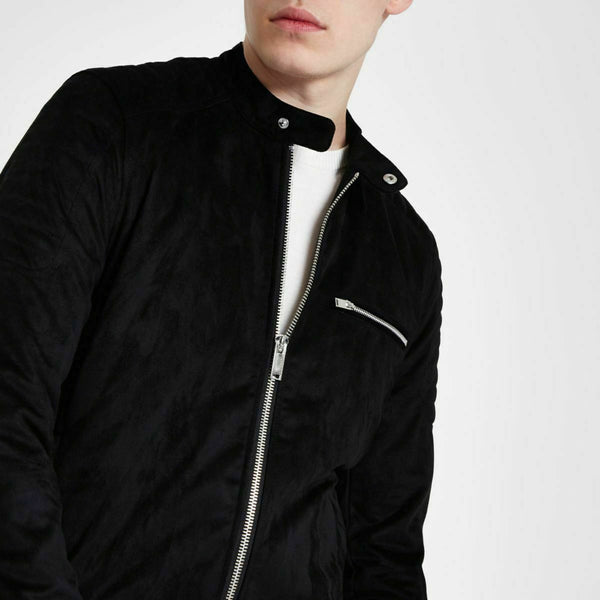 NOORA Lambskin Black Suede Jacket , Matt Black Suede Bomber Jacket With Zipper & Pocket | ST0123 - Noora International