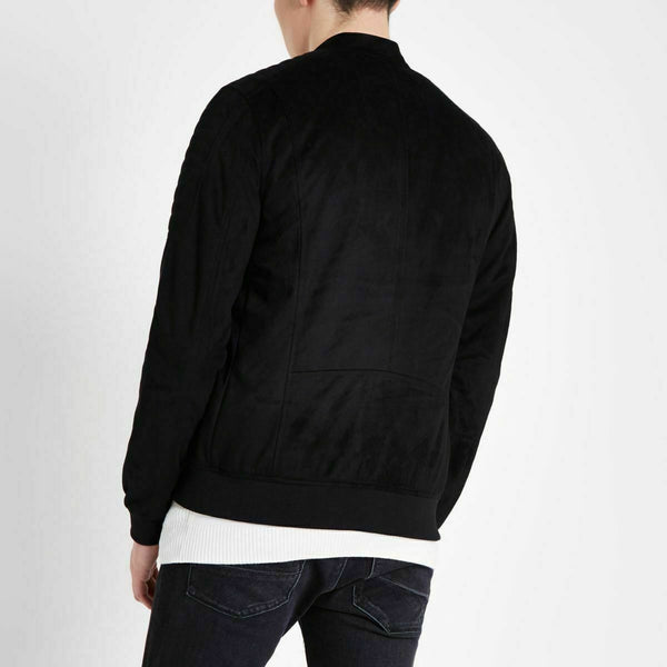 NOORA Lambskin Black Suede Jacket , Matt Black Suede Bomber Jacket With Zipper & Pocket | ST0123 - Noora International