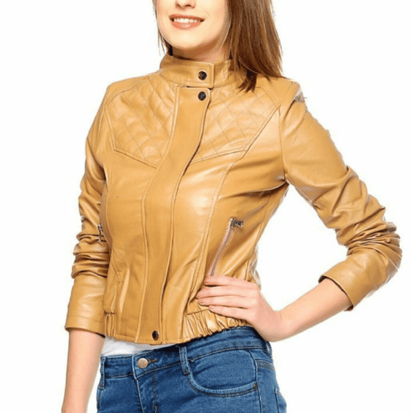 NOORA Lambskin Glossy Light Tan Leather Quilted Biker Jacket For Women, With Zipper Closure YK040 - Noora International