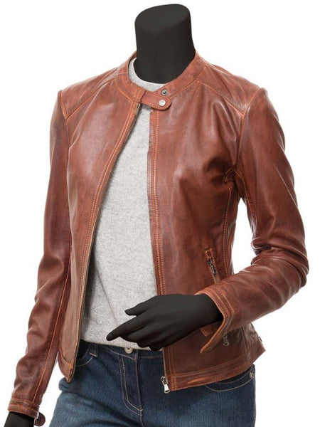NOORA Lambskin Glossy Tan Leather Jacket For Women, Two Ton Leather Coat With Zipper Closure YK0241 - Noora International