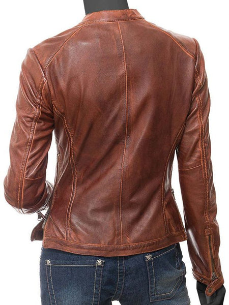 NOORA Lambskin Glossy Tan Leather Jacket For Women, Two Ton Leather Coat With Zipper Closure YK0241 - Noora International