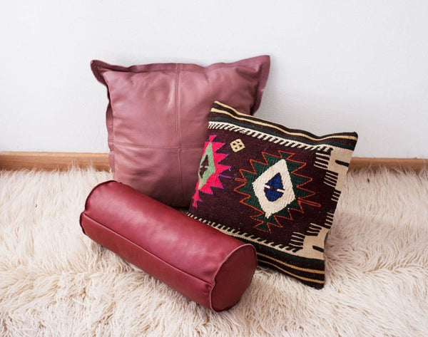 NOORA Lambskin Leather Bolster Pillow in Cranberry | Pillow Case Cover | Home Decor | Decorative cover | ST0138 - Noora International