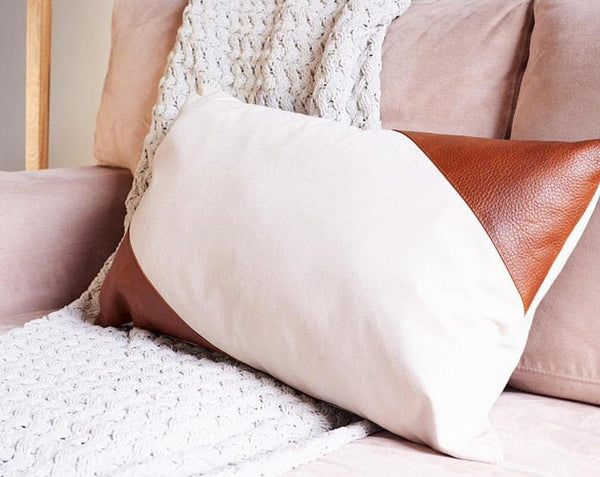 Noora Lambskin Leather Cushion Cover Mango Tan & White, Designer Pillow Cover, Decorative Accent Throw Lumbar Cover, Home Decor 0211 - Noora International