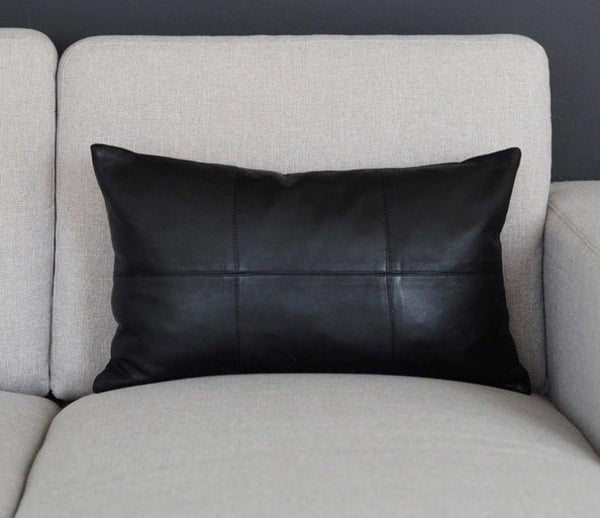 Noora Lambskin Leather Cushion Cover, Rectangle Black Pillow Cover, Decorative Lumbar Throw Cases Home Decor, Housewarming Gifts Yk04 - Noora International