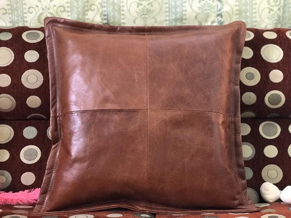 Noora Lambskin Leather Cushion Cover Reddish Brown | Pillow Couch Cover | Leather Throw Case | Decorative Accent Pillow Cover | ST0146 - Noora International