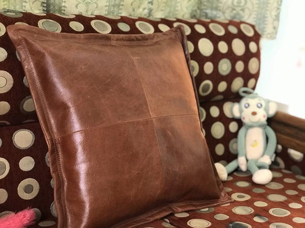 Noora Lambskin Leather Cushion Cover Reddish Brown | Pillow Couch Cover | Leather Throw Case | Decorative Accent Pillow Cover | ST0146 - Noora International