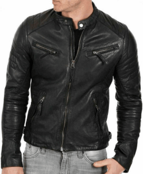 NOORA Lambskin Leather Men's Handmade Café Racer Riding Slim Fit Black Biker Leather Jacket | Black Solid Biker jacket With Zipper SU0563 - Noora International