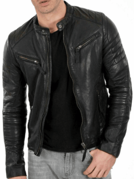 NOORA Lambskin Leather Men's Handmade Café Racer Riding Slim Fit Black Biker Leather Jacket | Black Solid Biker jacket With Zipper SU0563 - Noora International