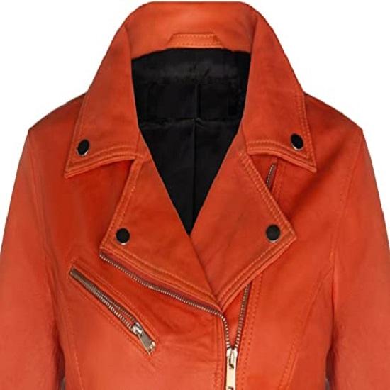 NOORA Lambskin Leather Orange Biker Jacket For Women | Motorcycle leather Jacket | Designer Made Jacket With Zipper - Noora International
