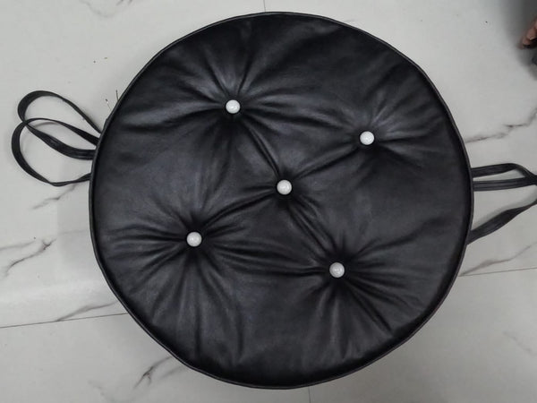Noora Lambskin Leather ROUND BLACK TUFTED ottoman | coffee table cushion | banquette cushion | Chesterfield White Buttoned Pillow | JS37 - Noora International