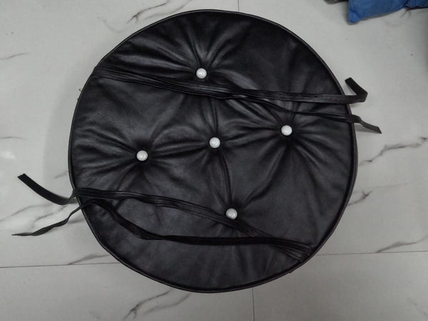 Noora Lambskin Leather ROUND BLACK TUFTED ottoman | coffee table cushion | banquette cushion | Chesterfield White Buttoned Pillow | JS37 - Noora International