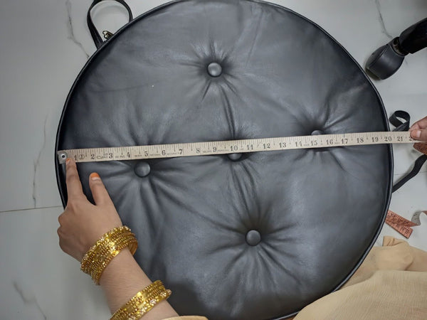 Noora Lambskin Leather ROUND BLACK TUFTED ottoman | coffee table cushion | banquette cushion | Chesterfield White Buttoned Pillow | JS37 - Noora International