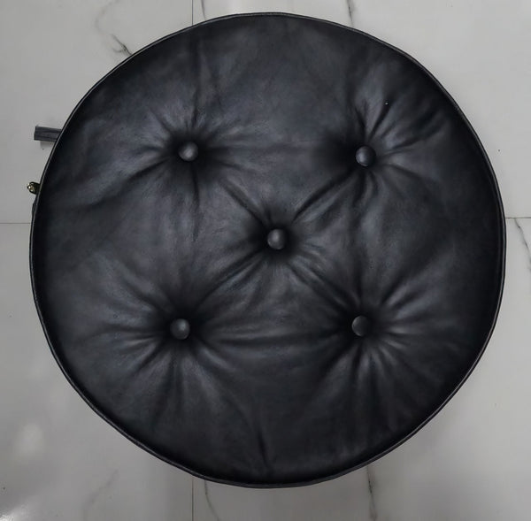 Noora Lambskin Leather ROUND BLACK TUFTED ottoman | Floor Pillow for Sitting | Chesterfield Buttoned Pillow | JS36 - Noora International