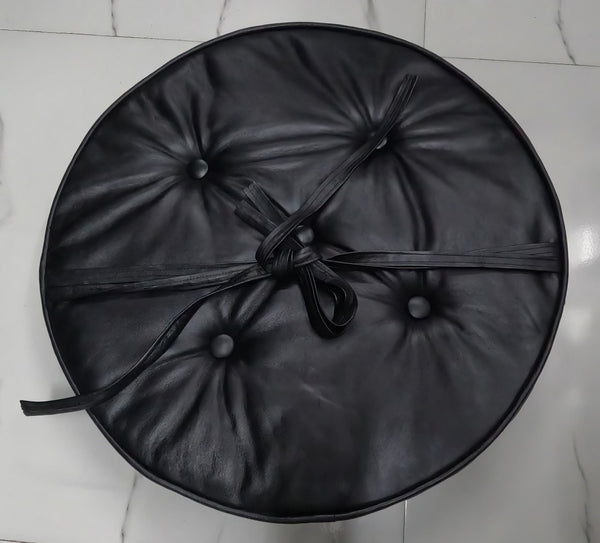 Noora Lambskin Leather ROUND BLACK TUFTED ottoman | Floor Pillow for Sitting | Chesterfield Buttoned Pillow | JS36 - Noora International