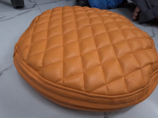 Noora Lambskin Leather Round Cushion Cover Orange | Embroidery Quilted Pillow Covers | Modern Luxurious Embroidery Cushion Cover | JS41 - Noora International