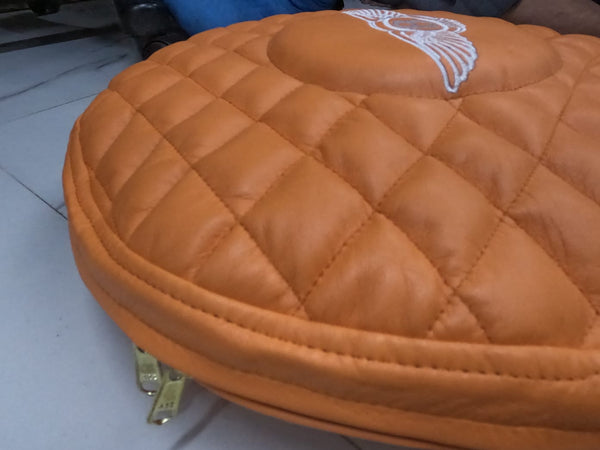 Noora Lambskin Leather Round Cushion Cover Orange | Embroidery Quilted Pillow Covers | Modern Luxurious Embroidery Cushion Cover | JS41 - Noora International