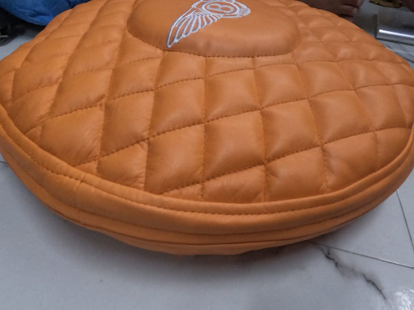Noora Lambskin Leather Round Cushion Cover Orange | Embroidery Quilted Pillow Covers | Modern Luxurious Embroidery Cushion Cover | JS41 - Noora International