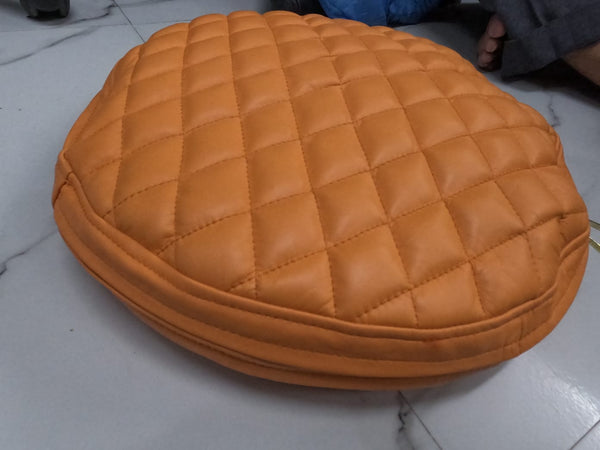 Noora Lambskin Leather Round Cushion Cover Orange | Embroidery Quilted Pillow Covers | Modern Luxurious Embroidery Cushion Cover | JS41 - Noora International